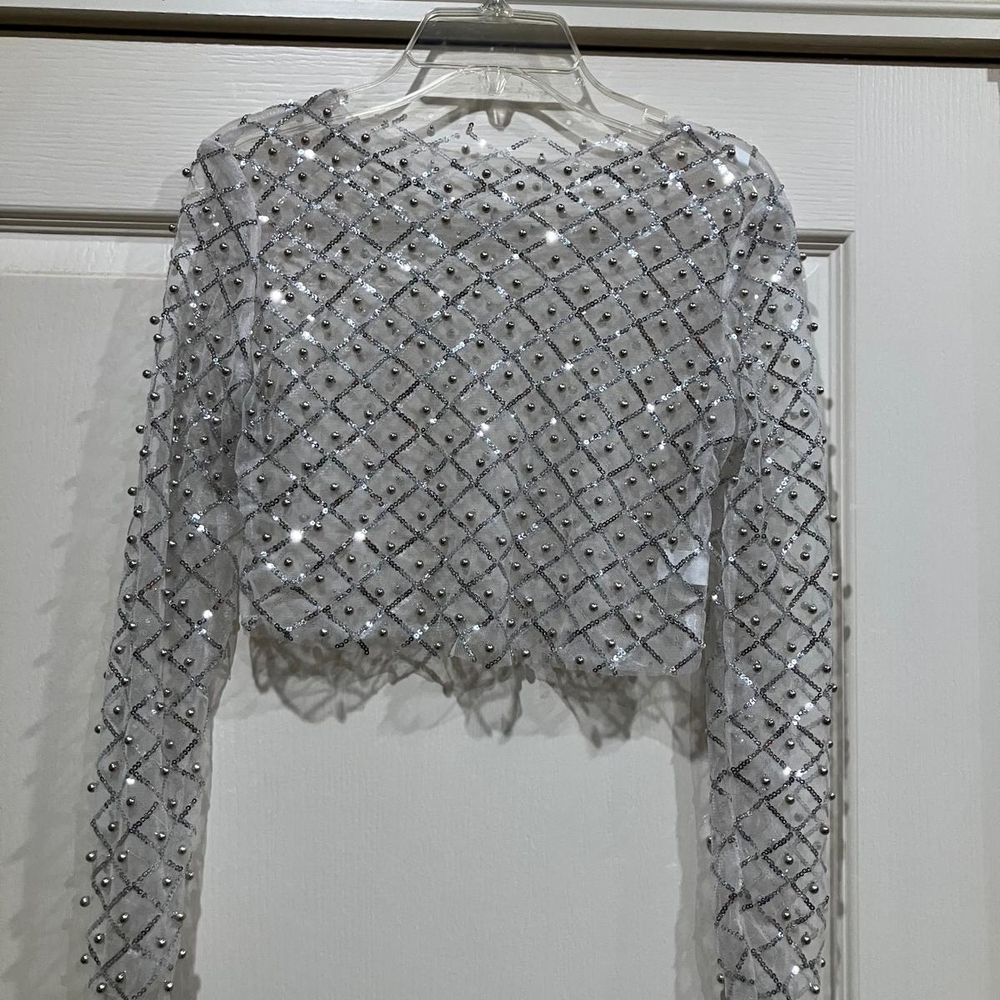 Elegant Silver Beaded Women's Mini Crop Top